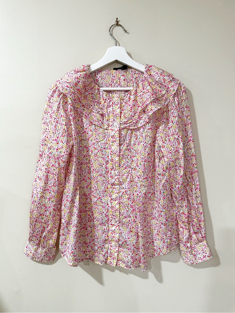 J.Crew Women's S Pink Ditsy Floral Ruffle Button Blouse Cottagecore Coquette